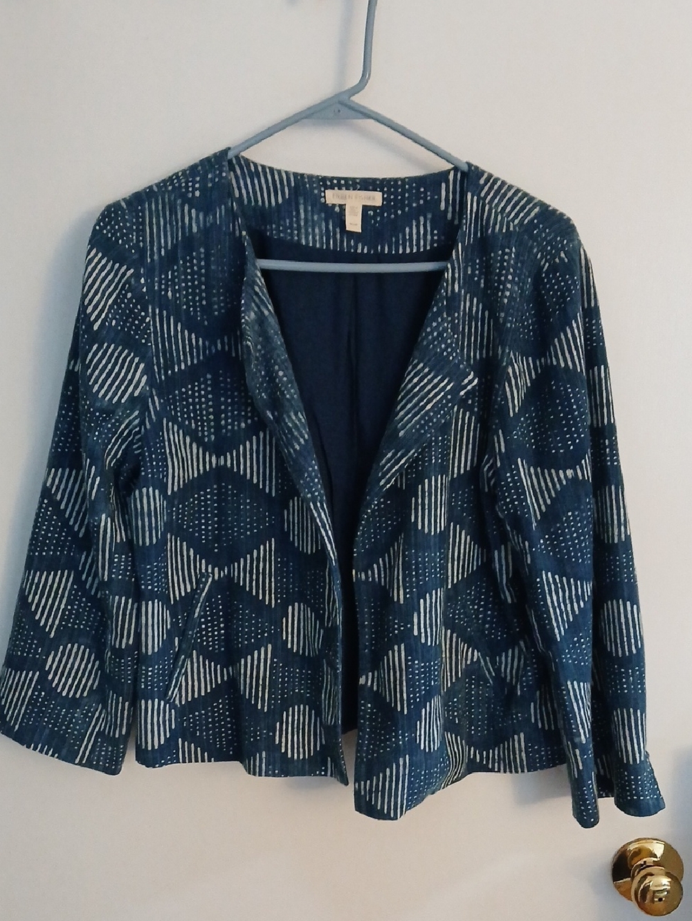 Eileen Fisher Navy & White Geometric Denim Open-Front Blazer, Size M